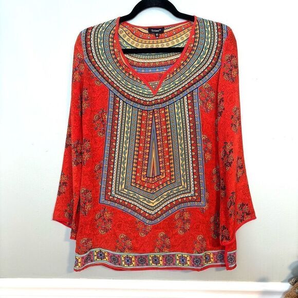 Tolani 100% silk mixed print tunic multi red orange XS - Picture 1 of 11